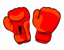 A pair of bright red boxing gloves, illustrated in bold cartoon style with visible wrist straps and thumb loops.