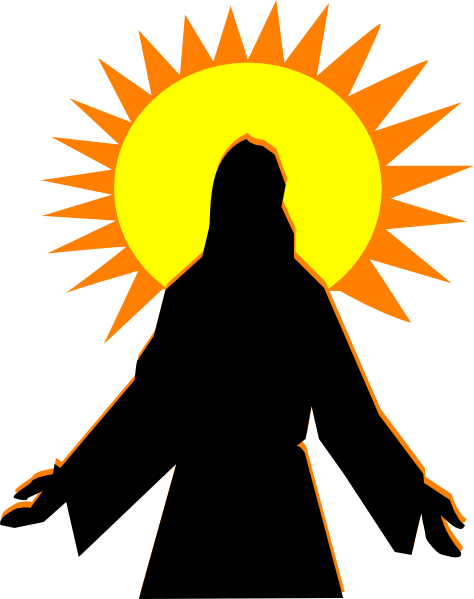 Silhouette of Jesus with radiant sunburst halo, symbolizing divinity and resurrection.