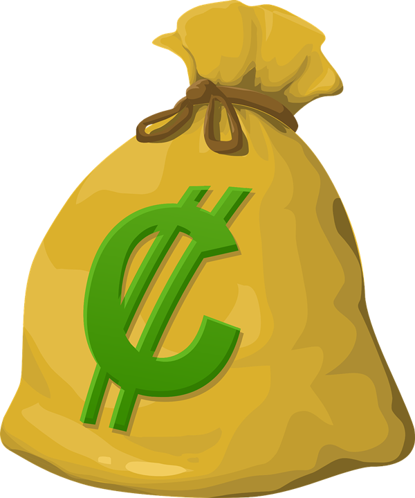 Yellow money bag with green cent symbol, tied at the top with brown rope.