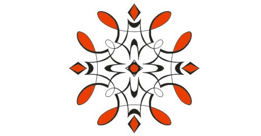 Symmetrical orange and black floral mandala pattern on white background
