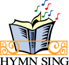 Open book with colorful musical notes rising above, labeled "HYMN SING" beneath ornate orange border.