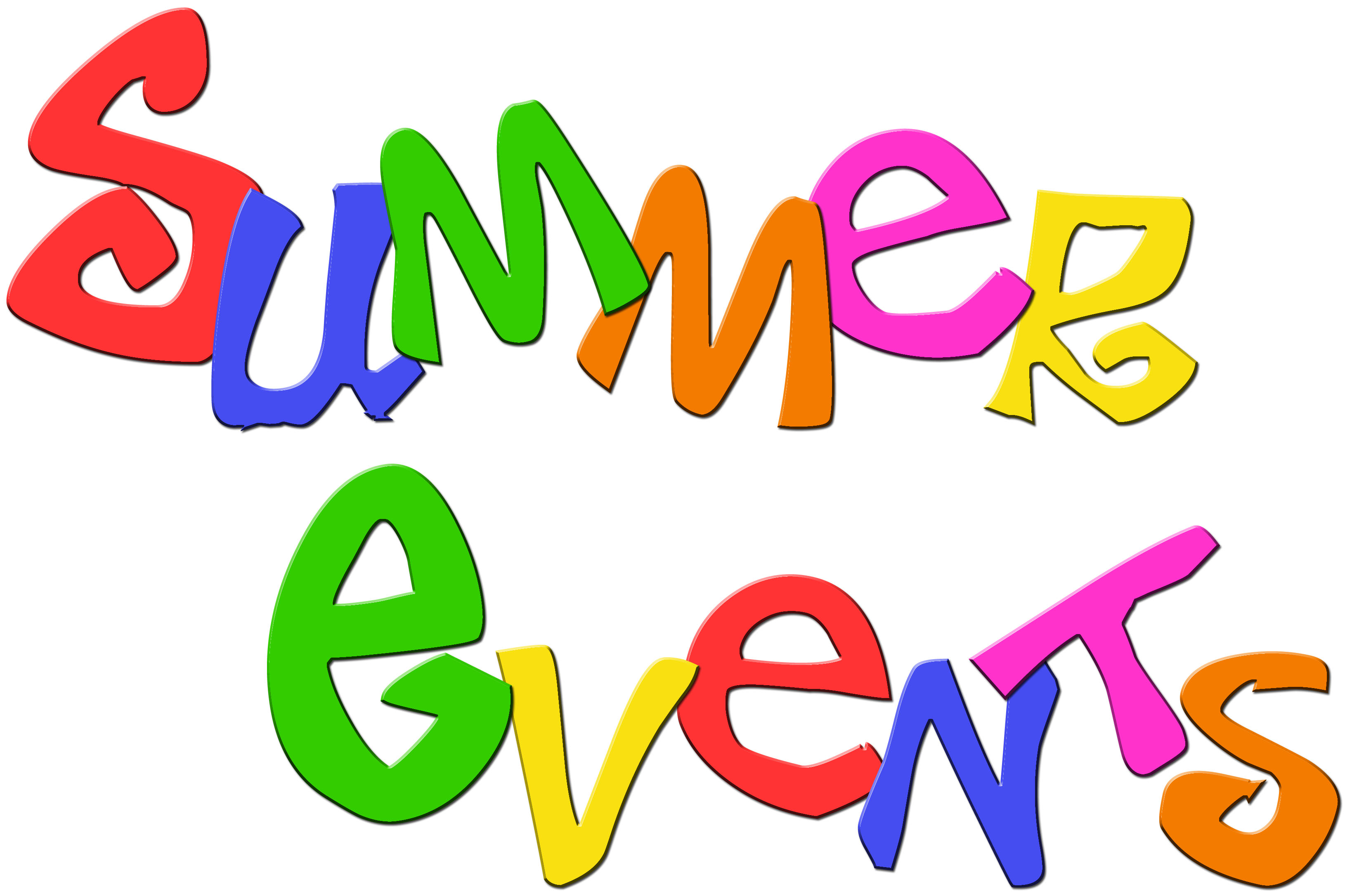 Colorful 3D text reading "Summer Events" in vibrant rainbow letters on white background.