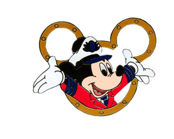 Mickey Mouse in a sailor outfit peeking through a brass porthole with cheerful expression.