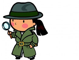 A cute cartoon detective in a green trench coat and hat, holding a magnifying glass.