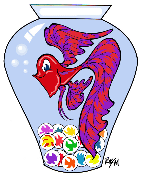 Vibrant red and purple betta fish swimming in a glass jar with colorful fish-shaped tokens at the bottom.