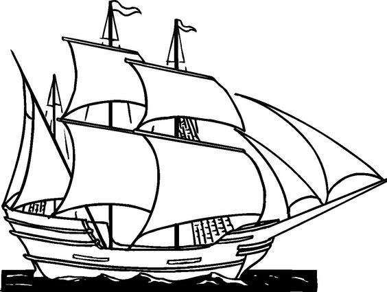 Black-and-white line drawing of a three-masted sailing ship with full sails and flags, riding on stylized waves.