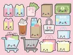 Cute kawaii-style shopping icons including gift boxes, money, carts, bags, and drinks with smiling faces on a pink background.