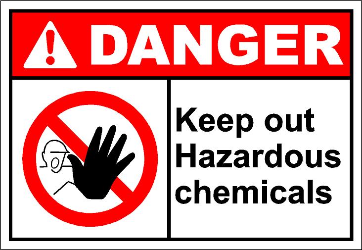 Red and white danger sign warning to keep out of hazardous chemicals, featuring a prohibited hand-and-face symbol.