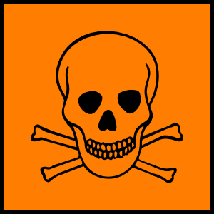 Orange warning sign with black skull and crossbones symbol indicating poison or lethal hazard.