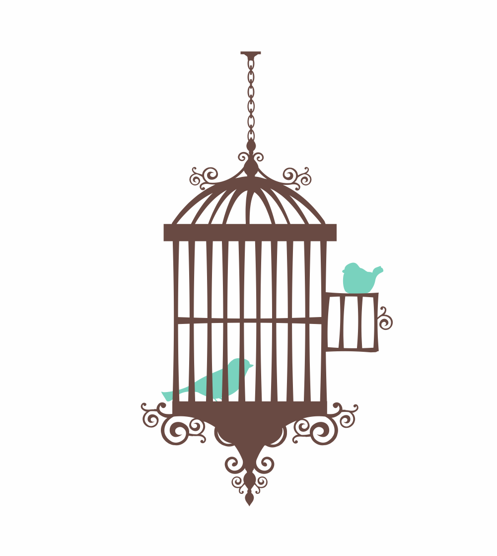 Ornate brown birdcage with open door, one teal bird inside and another perched outside, symbolizing freedom and choice.