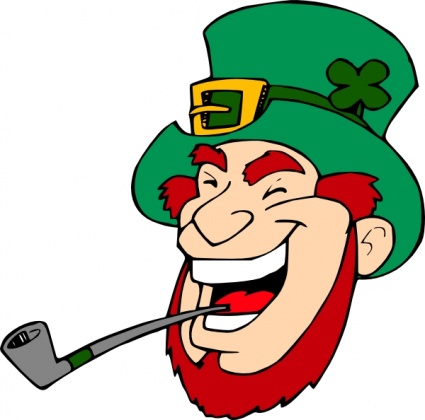 Cheerful leprechaun with green hat, red beard, and pipe, smiling broadly.