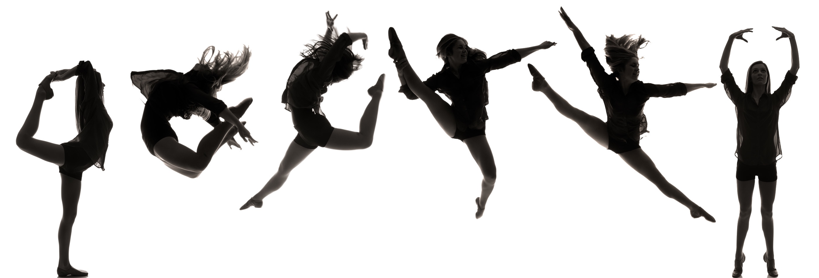 Silhouette sequence of a female dancer performing dynamic contemporary leaps and poses against white background.