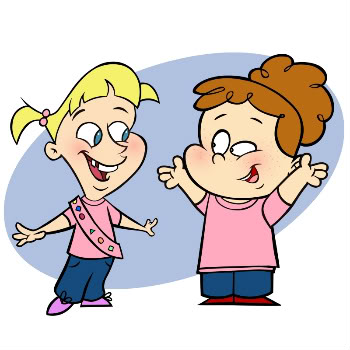 Two cheerful cartoon girls smiling and gesturing excitedly, one with blonde pigtails and a sash, the other with brown hair in a bun.