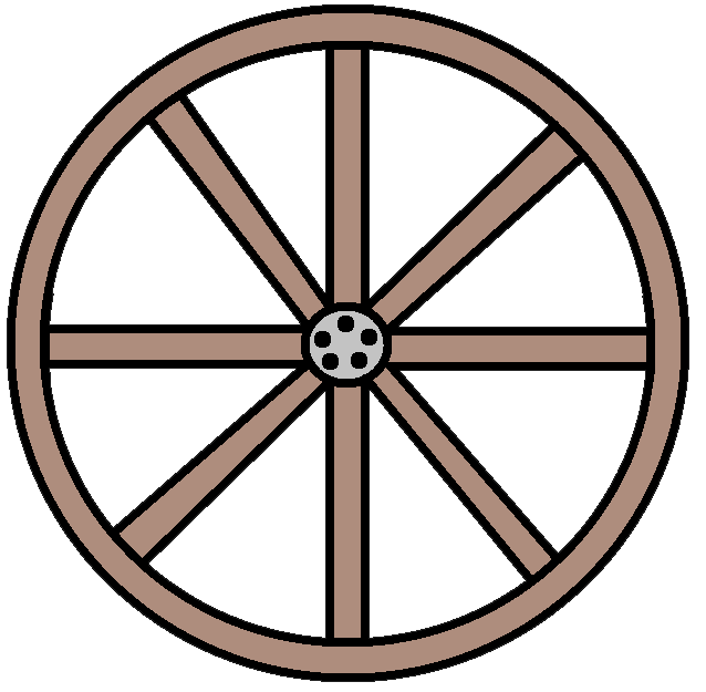 Classic wooden wagon wheel with eight spokes and metal hub, stylized illustration.