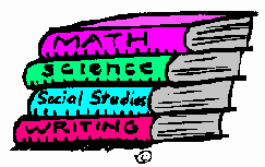 Stack of four colorful textbooks labeled Math, Science, Social Studies, and Writing.