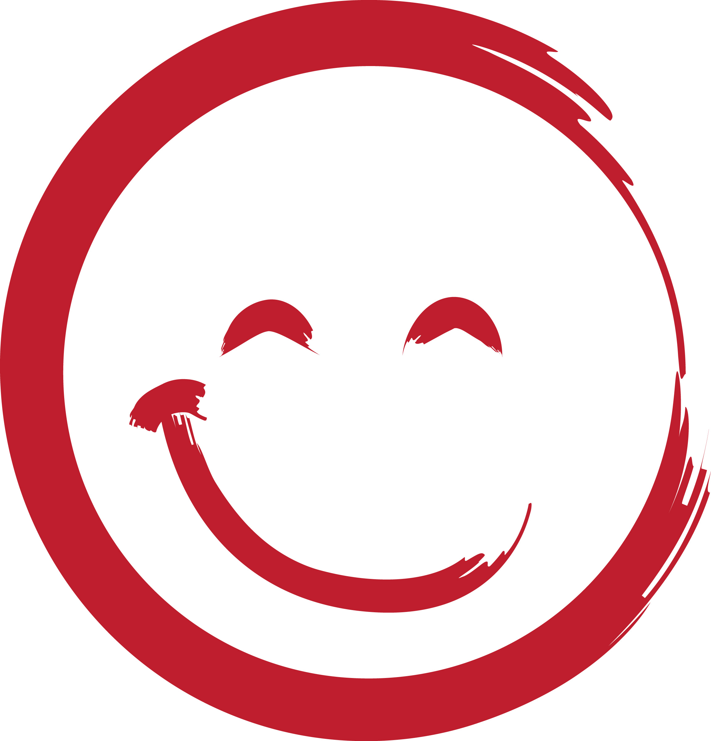 Red stylized smiley face with expressive eyes and open mouth, encircled by a dynamic swirling line on white background.