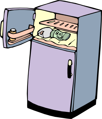 Open purple refrigerator with sparse contents including a bag of chips and a bottle on the shelf.