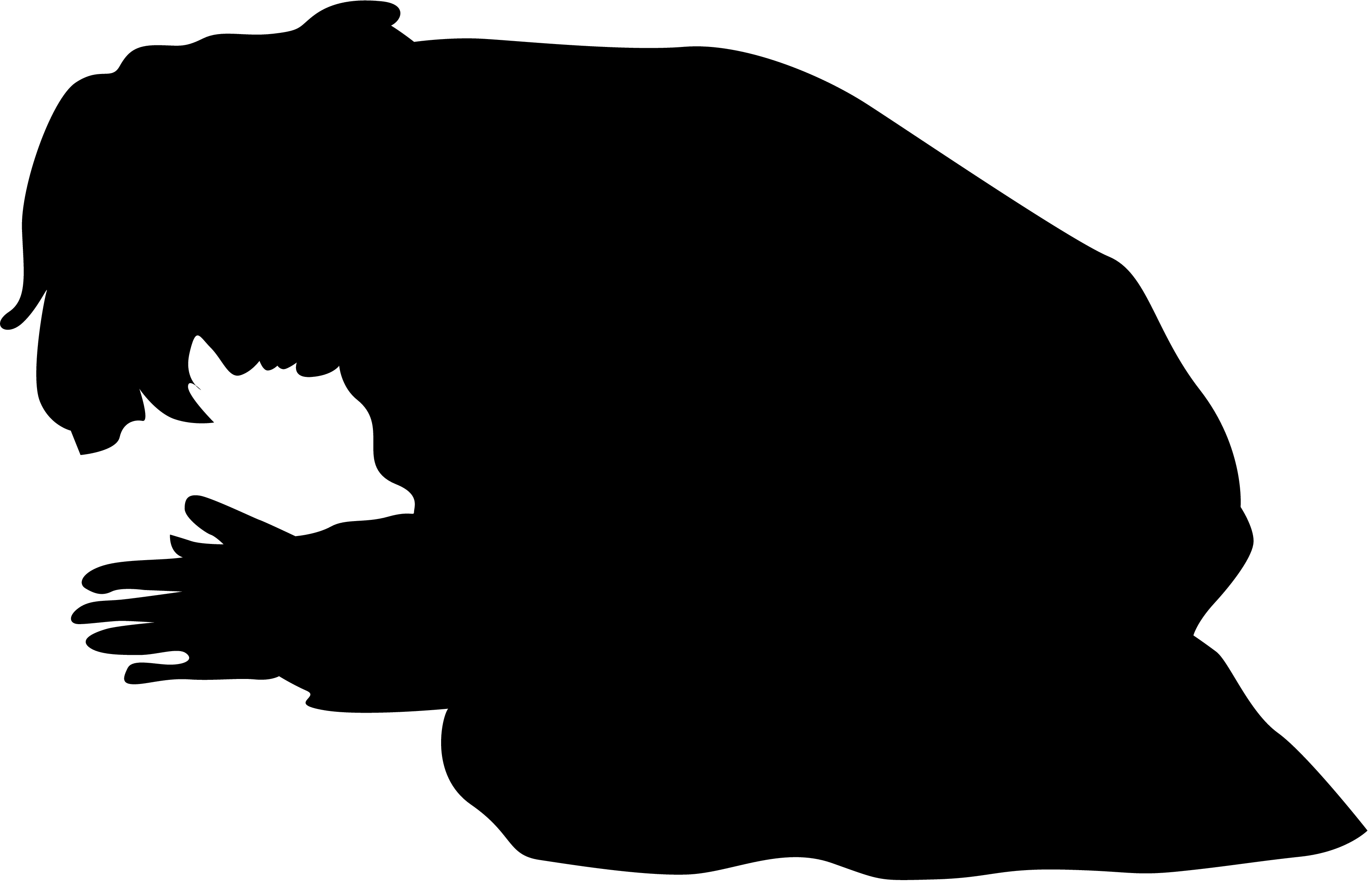 Silhouette of a person kneeling in prayer with hands clasped and head bowed in reverence.