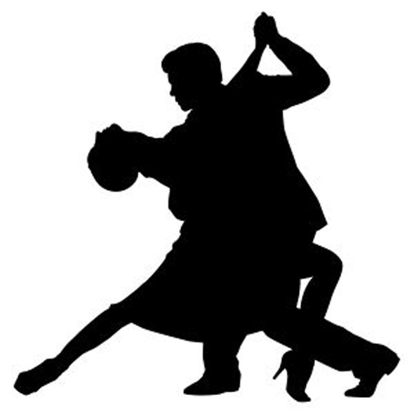Silhouette of a couple performing an elegant ballroom dance pose with dramatic leg extension and raised arms.