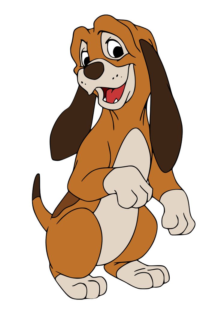A cheerful cartoon hound dog sitting upright with floppy ears, big eyes, and a joyful open-mouthed smile.