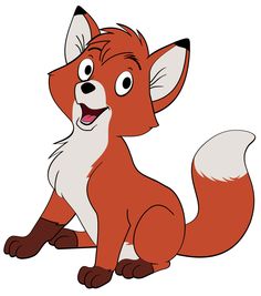 Cheerful cartoon red fox sitting upright with a friendly smile and alert ears.