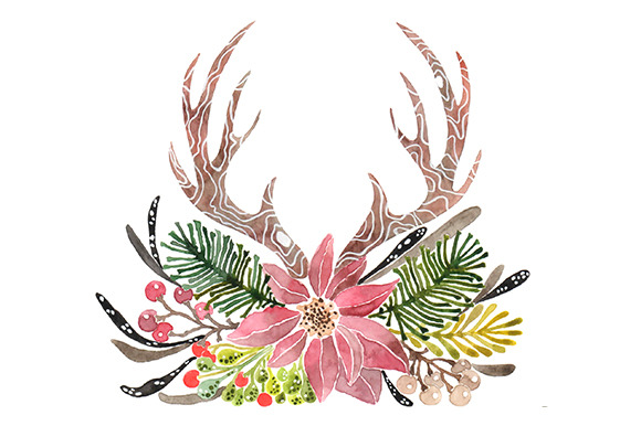 Watercolor illustration of deer antlers adorned with pink poinsettia, pine branches, berries, and foliage in festive holiday style.