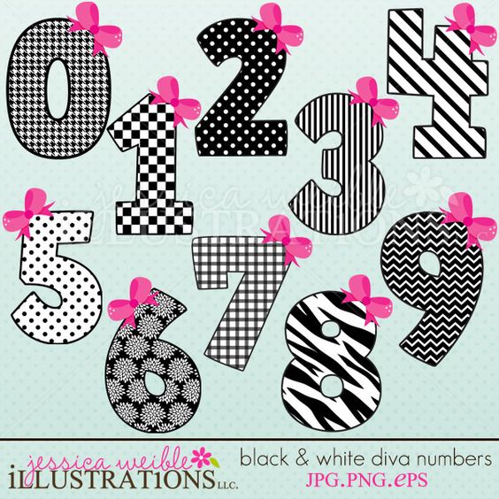 Black &, White Diva Numbers clipart set comes with 10 cute graphics 