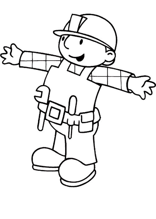 Cheerful cartoon construction worker with hard hat, tool belt, and outstretched arms, ready for building tasks.