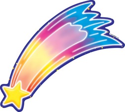 A vibrant, multicolored shooting star with a yellow star head and a rainbow trail against a white background.
