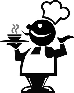 Smiling cartoon chef in toque and apron presenting a steaming bowl on a tray.