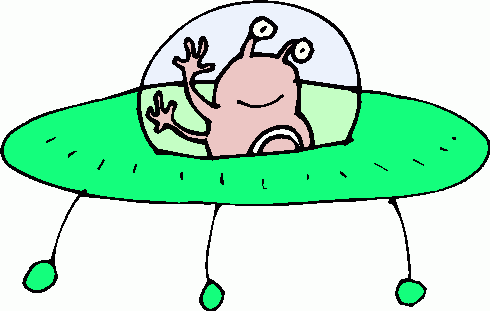 Friendly pink alien waving from a green flying saucer with three legs and a transparent dome cockpit.
