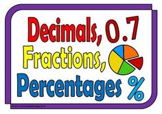 Educational graphic showing decimals (0.7), fractions, and percentages with a colorful pie chart illustration.