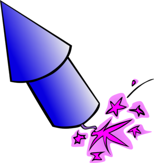 Blue firework rocket launching with vibrant pink starburst explosion against black background.