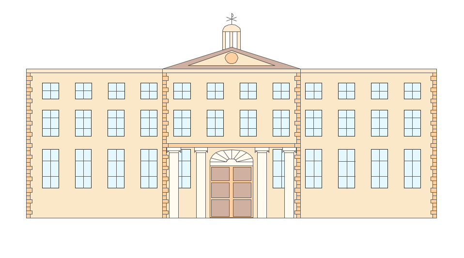 Classic neoclassical building facade with columns, pediment, and symmetrical windows