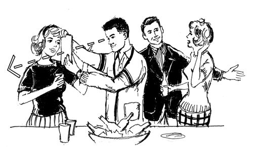 Vintage illustration of four people at a party, one showing a photo to others around a snack bowl.