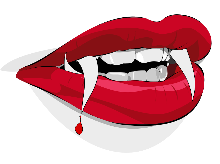 Vampire mouth with sharp fangs, red lips, and a drop of blood against black background.