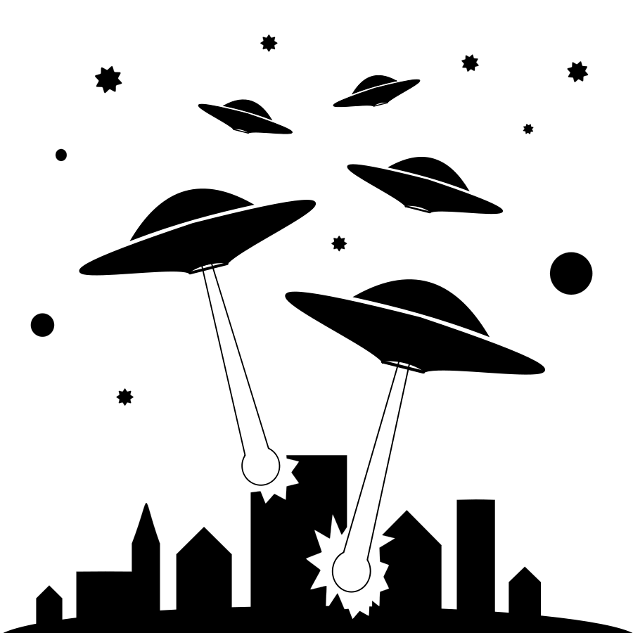 Minimalist white line art of a city skyline under a starry night sky with abstract celestial shapes.