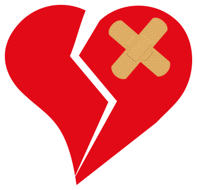 A red broken heart with a beige bandage on one half, symbolizing emotional healing after heartbreak.