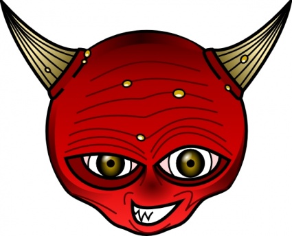 Red cartoon devil mask with golden horns, yellow eyes, and a mischievous grin.