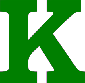 Bold green letter "K" with black cutouts and purple outline, stylized logo design.