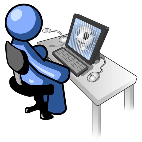 Blue cartoon figure sitting at a desk using a laptop with a smiling face on screen.