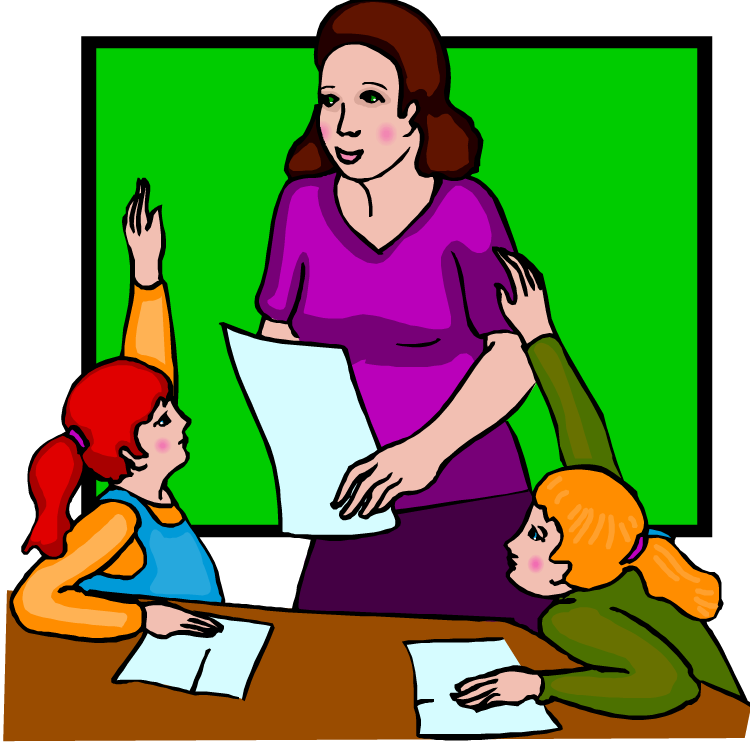 A teacher in a purple shirt stands at a desk with two students raising hands, holding papers in a classroom setting.