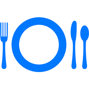 Blue flat icon of a dinner place setting with fork, plate, knife, and spoon on white background.