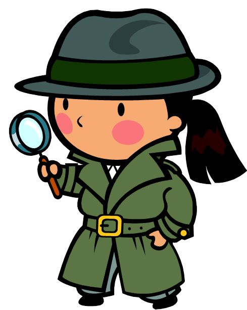 A cartoon detective girl in a green trench coat and fedora, holding a magnifying glass.