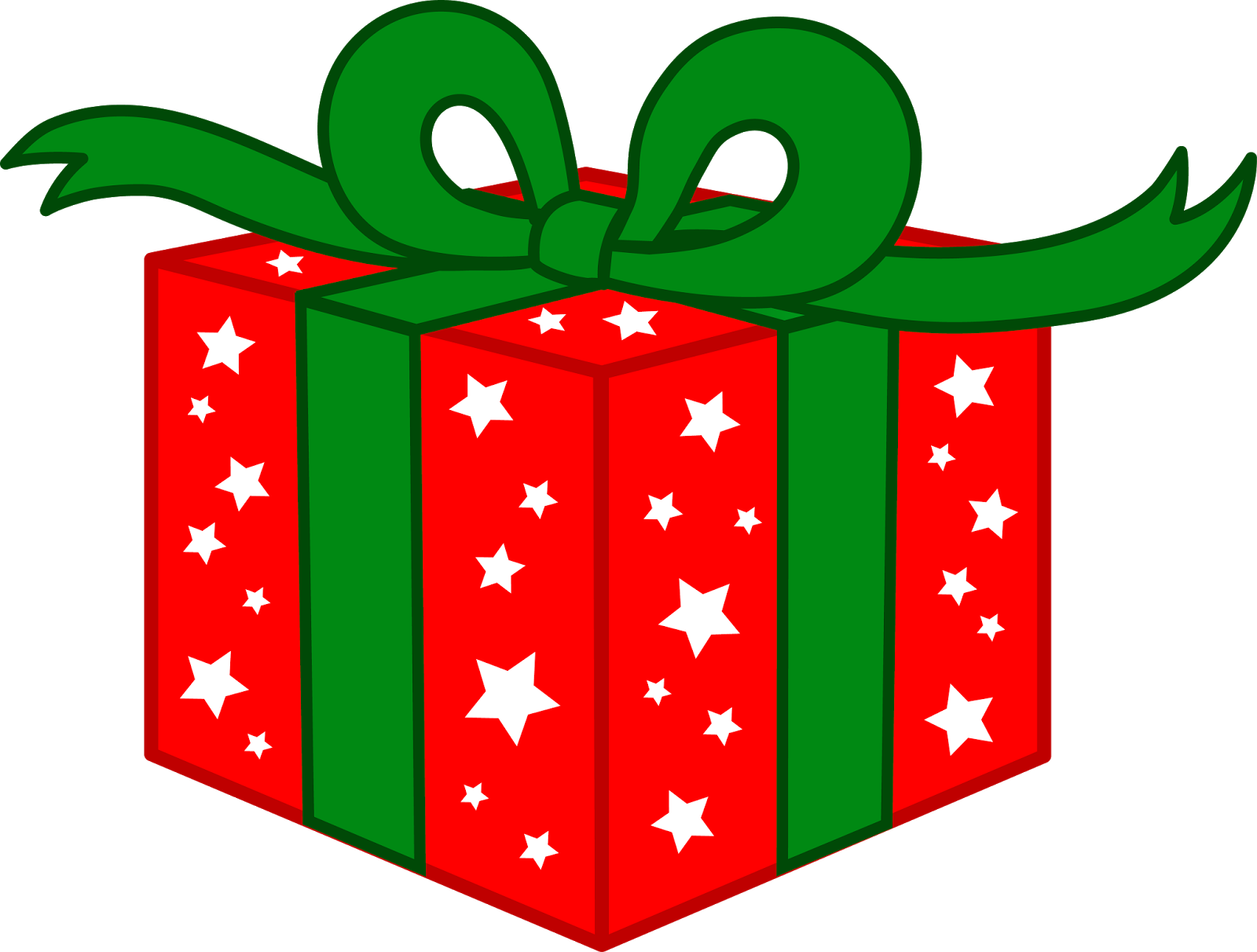 Red gift box with white stars and a green ribbon bow, festive holiday present illustration.