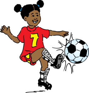 A joyful young Black girl in a red jersey with number 7 kicks a soccer ball, illustrated in vibrant cartoon style.