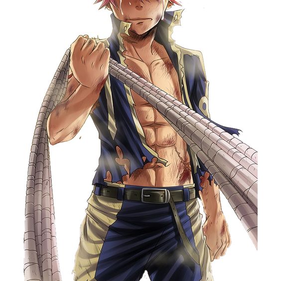 Anime character with spiky pink hair, torn blue vest, and long segmented weapon, showing battle-worn physique and determined expression.
