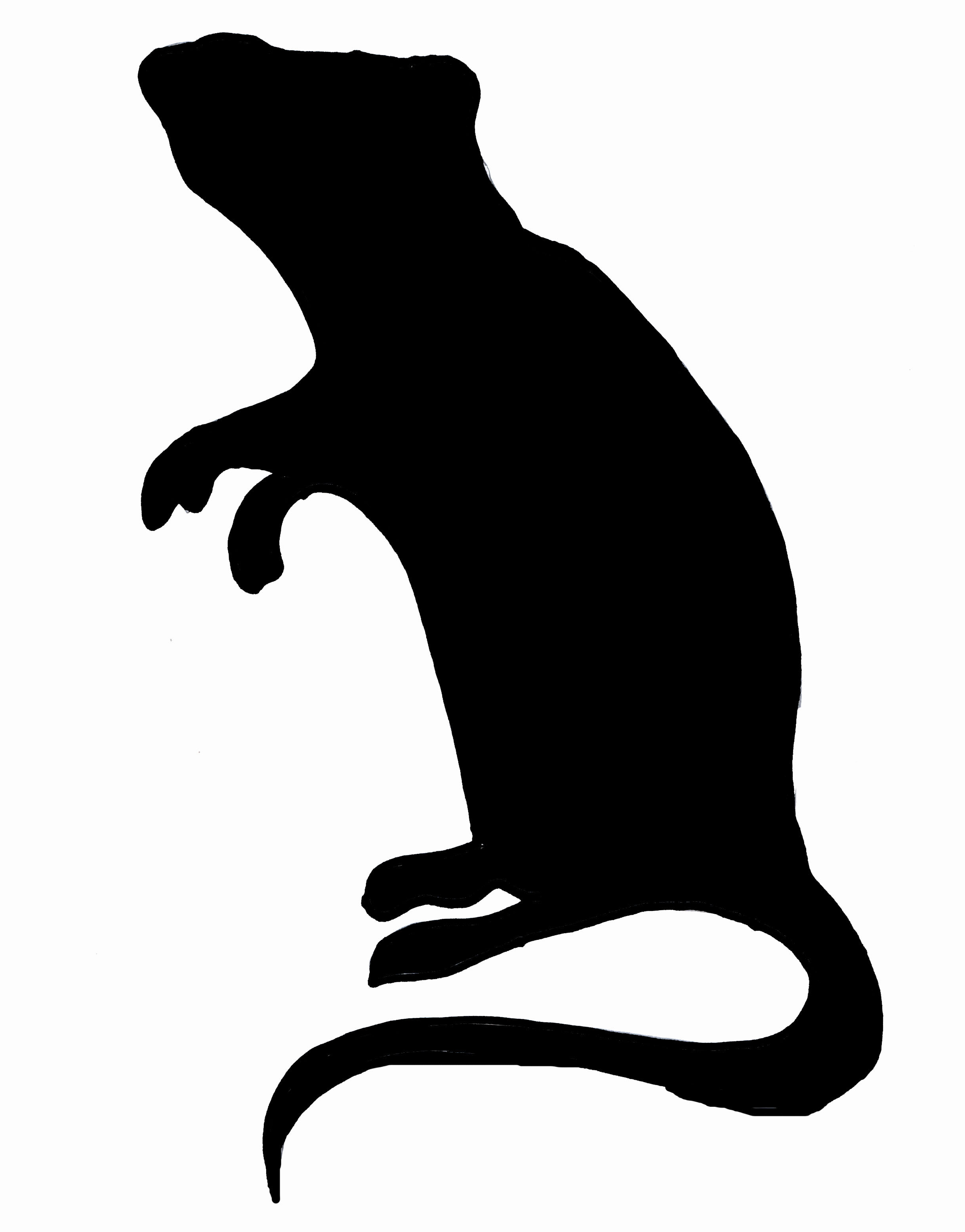 Black silhouette of a rat standing upright on hind legs with front paws raised, tail curved behind.