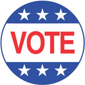 Red "VOTE" text on white stripe, framed by blue circles with white stars-classic American election sticker design.