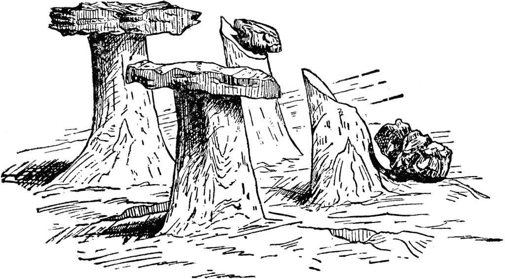 Black-and-white line drawing of ancient stone dolmens and megalithic structures in a grassy landscape, with weathered capstones and upright stones.